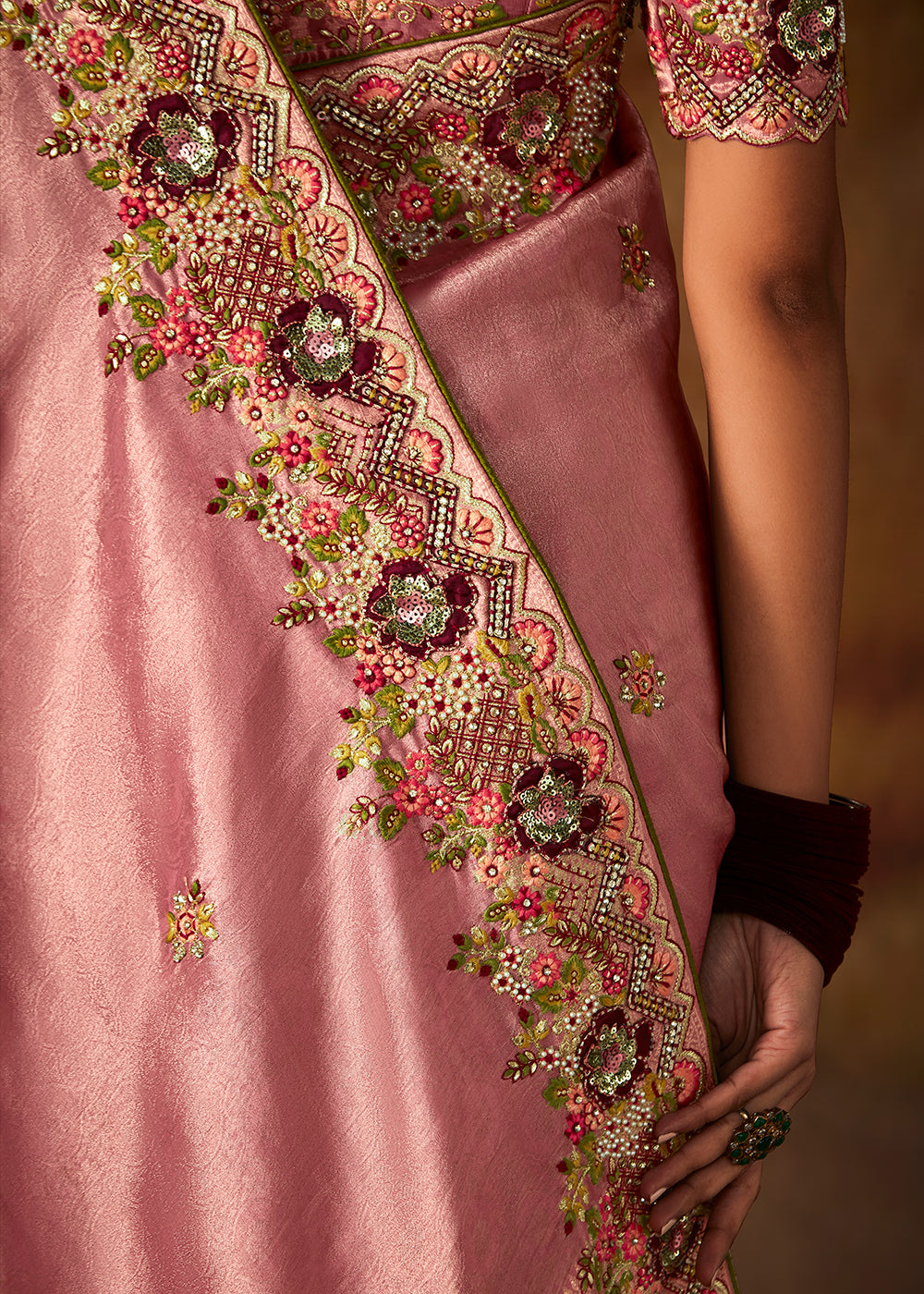 Rose Pink Woven Banarasi Silk Saree with Sequin,Stone,Zardosi,Khatli & Pearl work