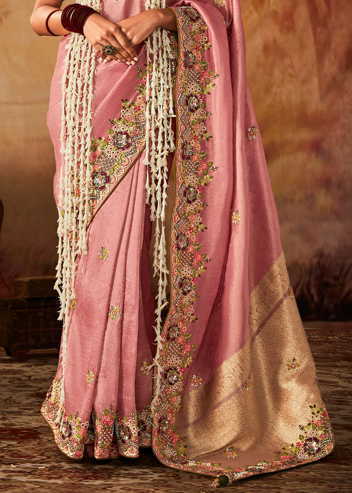 Rose Pink Woven Banarasi Silk Saree with Sequin,Stone,Zardosi,Khatli & Pearl work