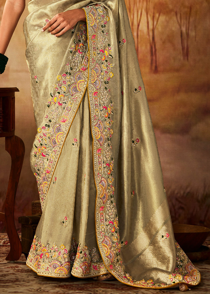 Light Sage Green Woven Banarasi Silk Saree with Sequin,Stone,Zardosi,Khatli & Pearl work