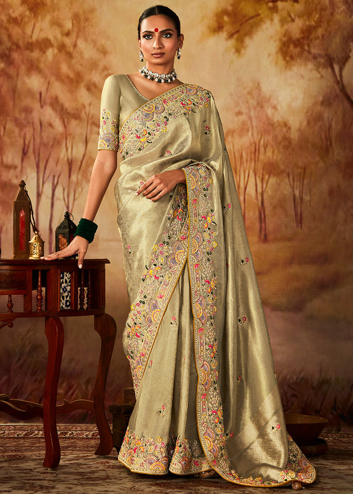 Light Sage Green Woven Banarasi Silk Saree with Sequin,Stone,Zardosi,Khatli & Pearl work