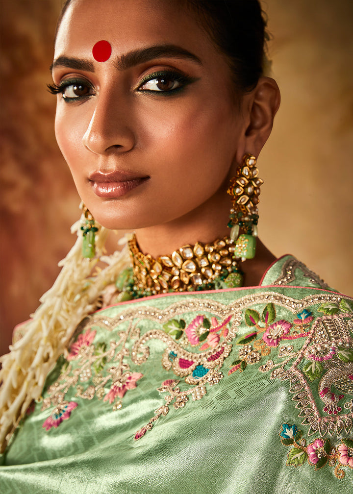 Emerald Green Woven Banarasi Silk Saree with Sequin,Stone,Zardosi,Khatli & Pearl work