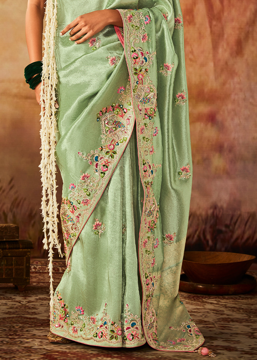 Emerald Green Woven Banarasi Silk Saree with Sequin,Stone,Zardosi,Khatli & Pearl work - qivii
