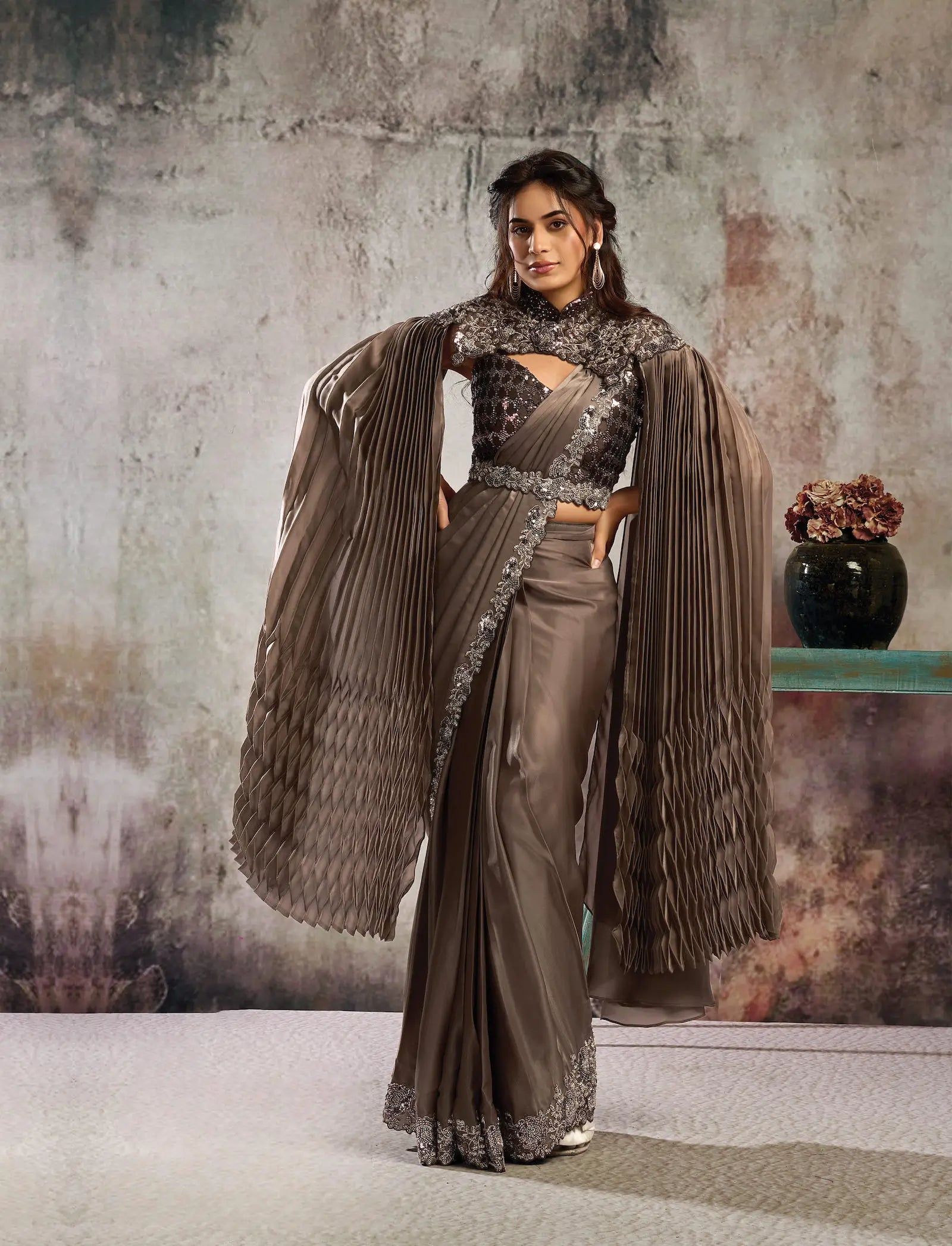 Congo Brown Ready To Wear Saree