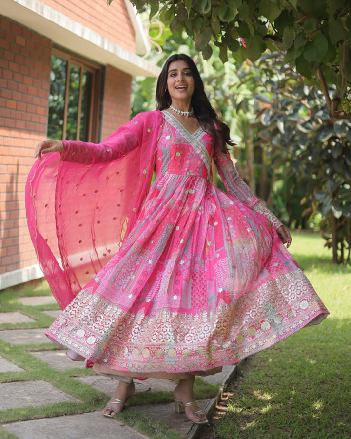 Wedding Wear Embroidery Pink Color Gown With Dupatta  - By Qivii