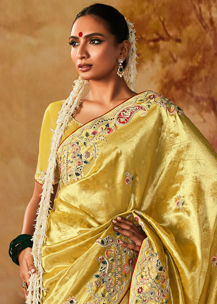 Bumblebee Yellow Woven Banarasi Silk Saree with Sequin,Stone,Zardosi,Khatli & Pearl work