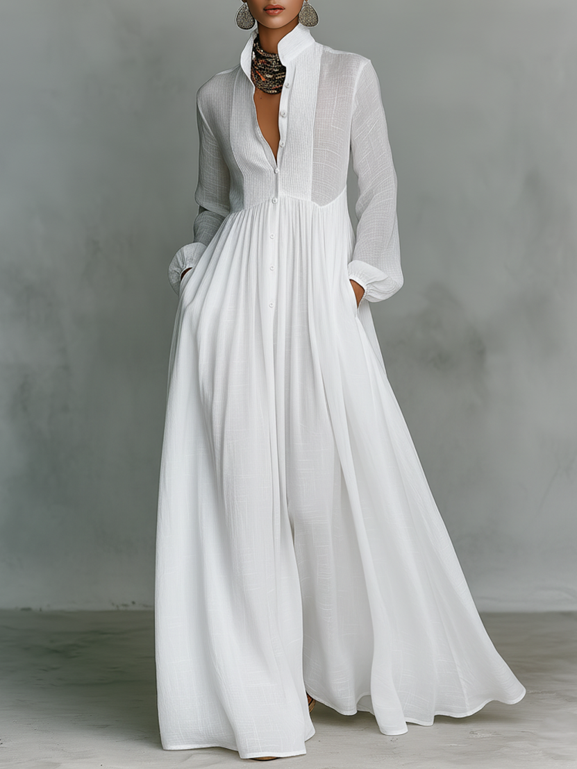 Women's Minimalist Tencel And Linen Patchwork Single-breasted Stand-up Collar Long-sleeved Maxi Dress MDA0658K6Y