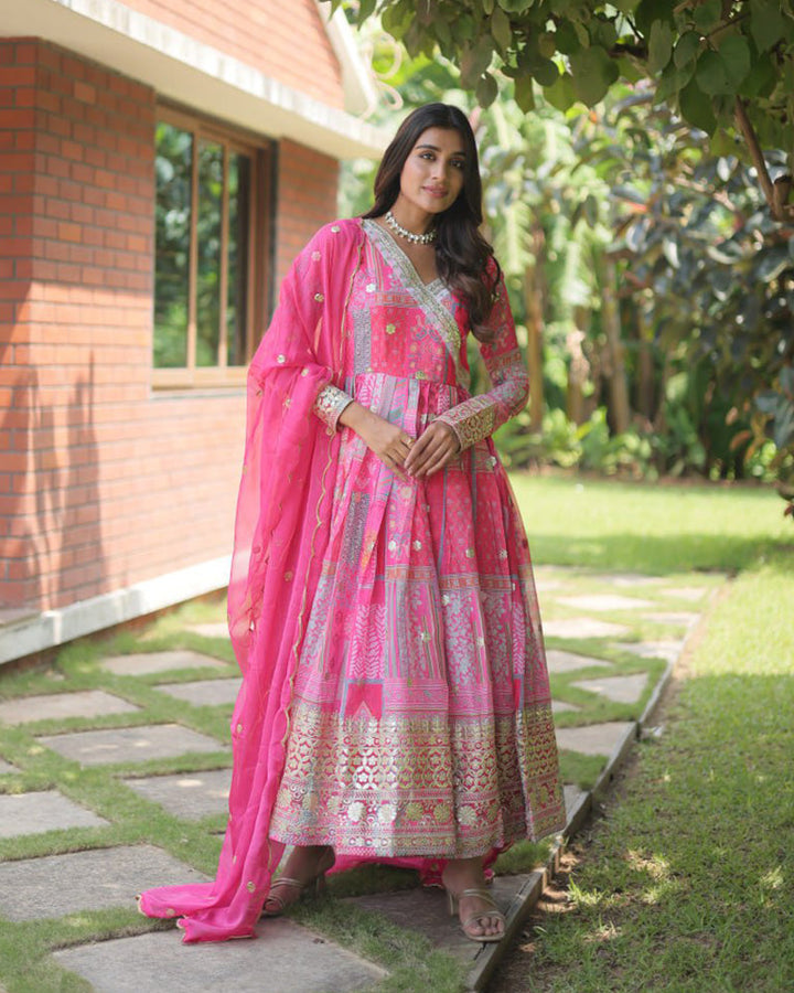 Wedding Wear Embroidery Pink Color Gown With Dupatta  - By Qivii