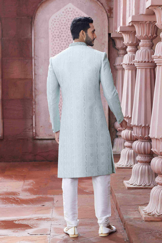 Men's Sky Blue Art Silk Thread Work Sherwani Set