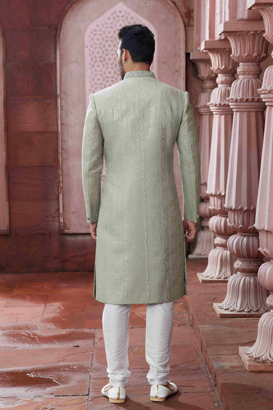 Men's Sea Green Art Silk Thread Work Sherwani Set