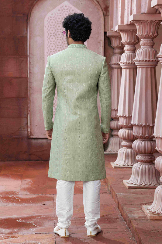 Men's Pastel Green Art Silk Thread Work Sherwani Set