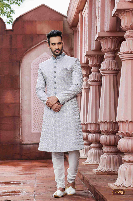 Men's Grey Art Silk Thread Work Sherwani Set