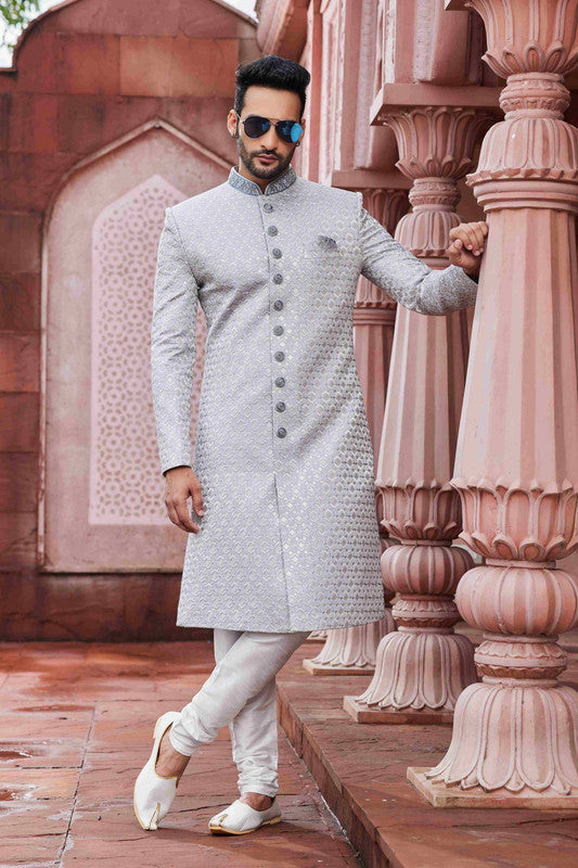 Men's Grey Art Silk Thread Work Sherwani Set