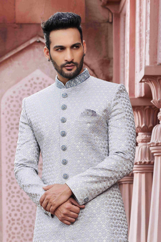 Men's Grey Art Silk Thread Work Sherwani Set