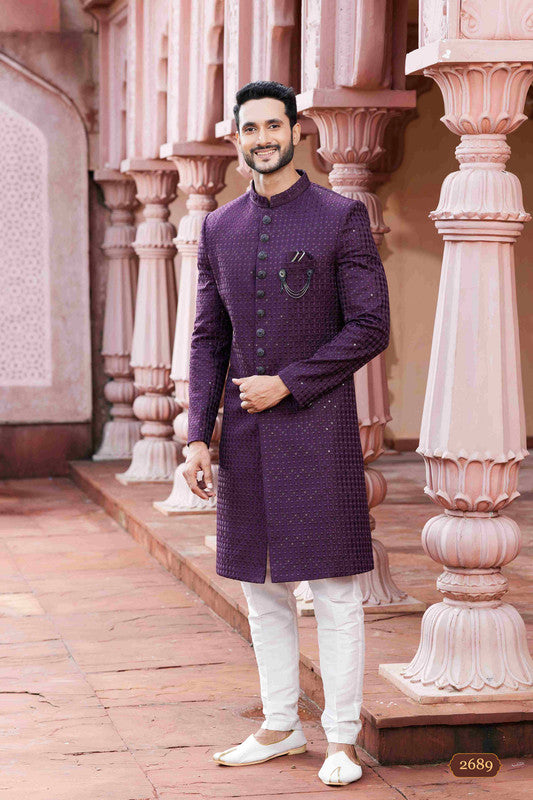 Men's Wine Art Silk Thread Work,Embroidery Sherwani Set