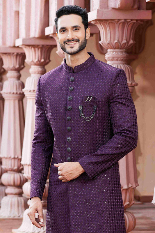 Men's Wine Art Silk Thread Work,Embroidery Sherwani Set