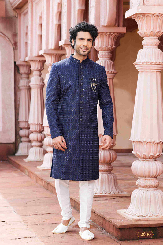 Men's Navy Blue Art Silk Thread Work,Embroidery Sherwani Set