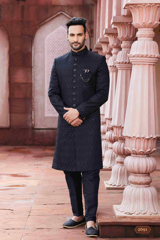 Men's Black Art Silk Thread Work,Embroidery Sherwani Set