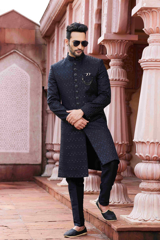 Men's Black Art Silk Thread Work,Embroidery Sherwani Set