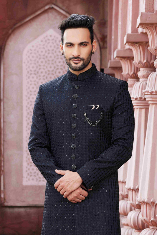Men's Black Art Silk Thread Work,Embroidery Sherwani Set