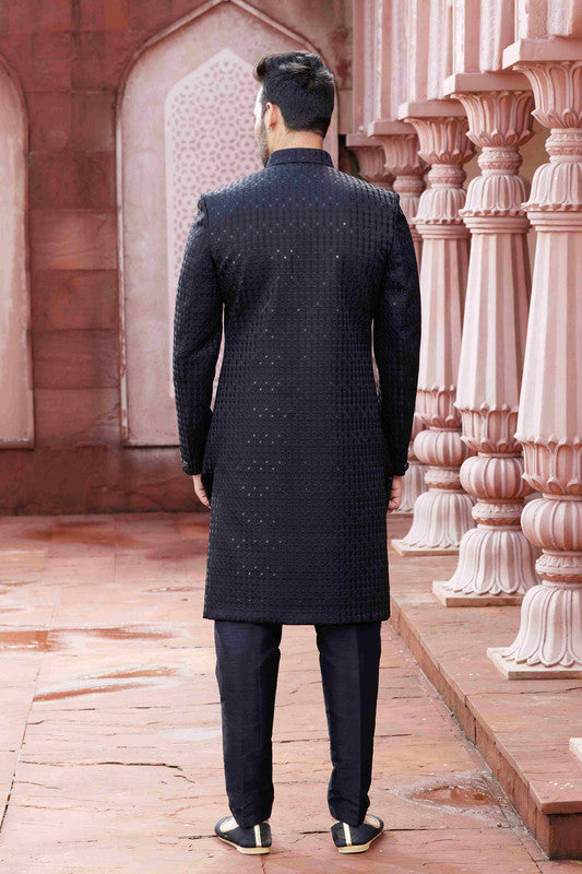 Men's Black Art Silk Thread Work,Embroidery Sherwani Set