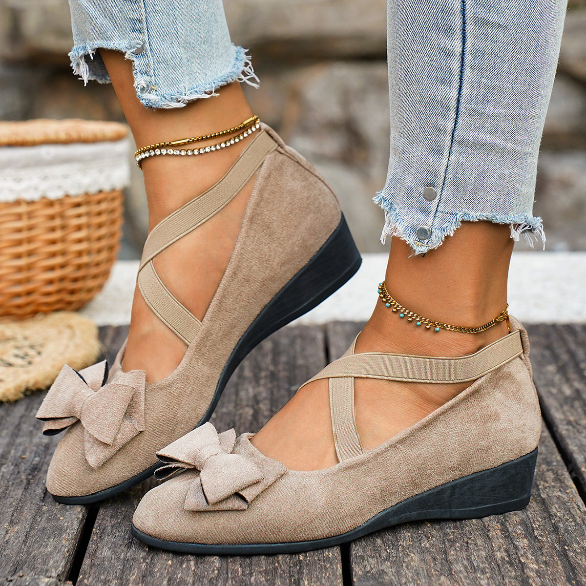 Women’s Elara Bow Suede Wedge Loafers – Elastic Cross-Strap Comfort Slip-Ons (US 5–10.5)