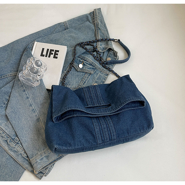Women's Vintage Denim Tote Bag with Chain Strap – Structured Large-Capacity Crossbody & Shoulder Bag