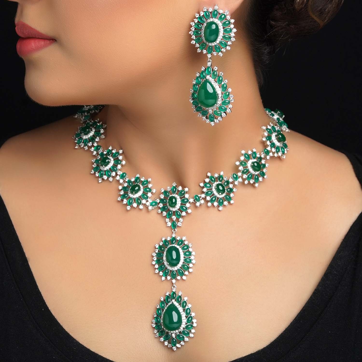 Aatifa Green Emerald And American Diamond Necklace Set With Beautiful Finger Ring - qivii