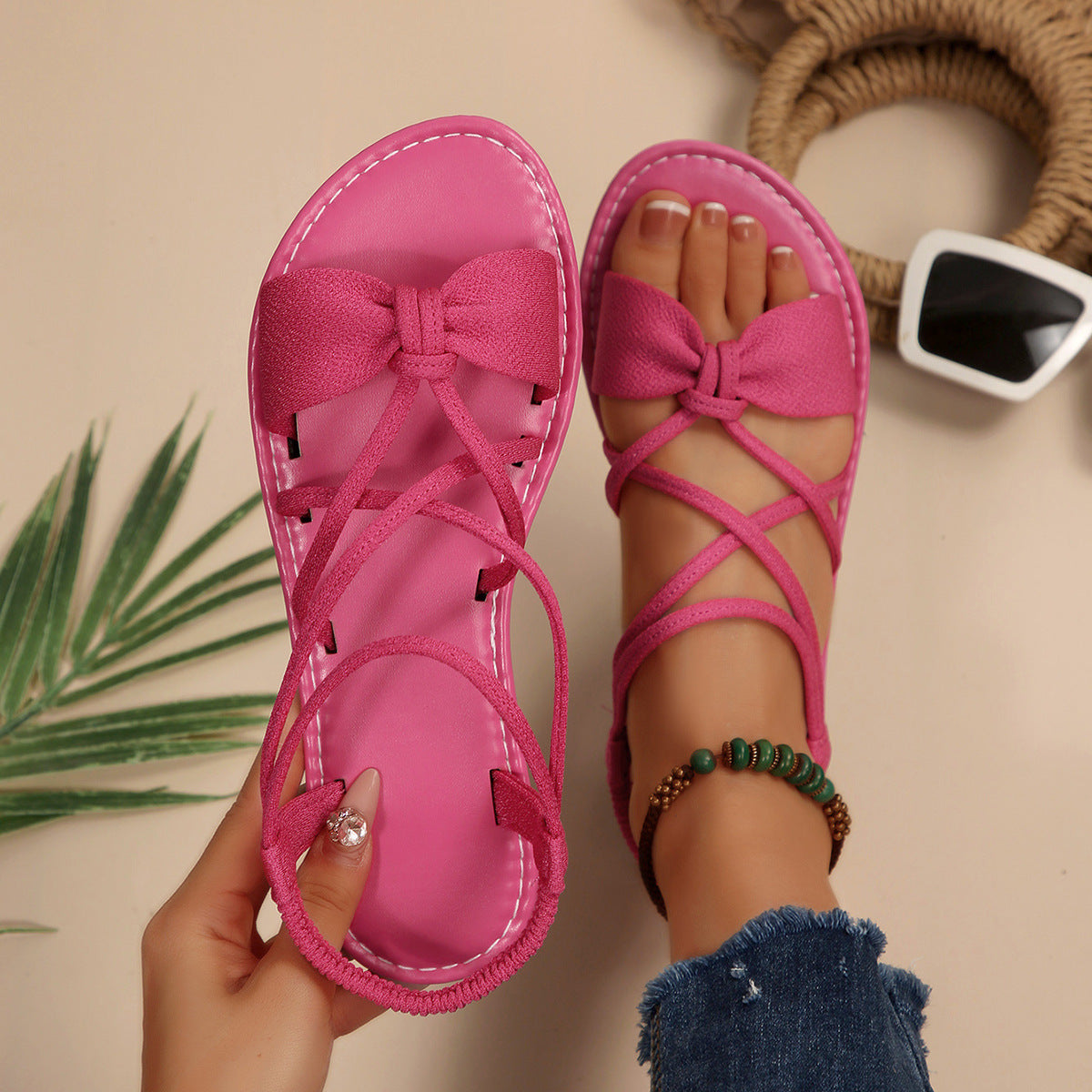 Women's Vela Bow Flat Sandals - Soft Sole Elastic Strap Summer Sandals (US 5-10.5)