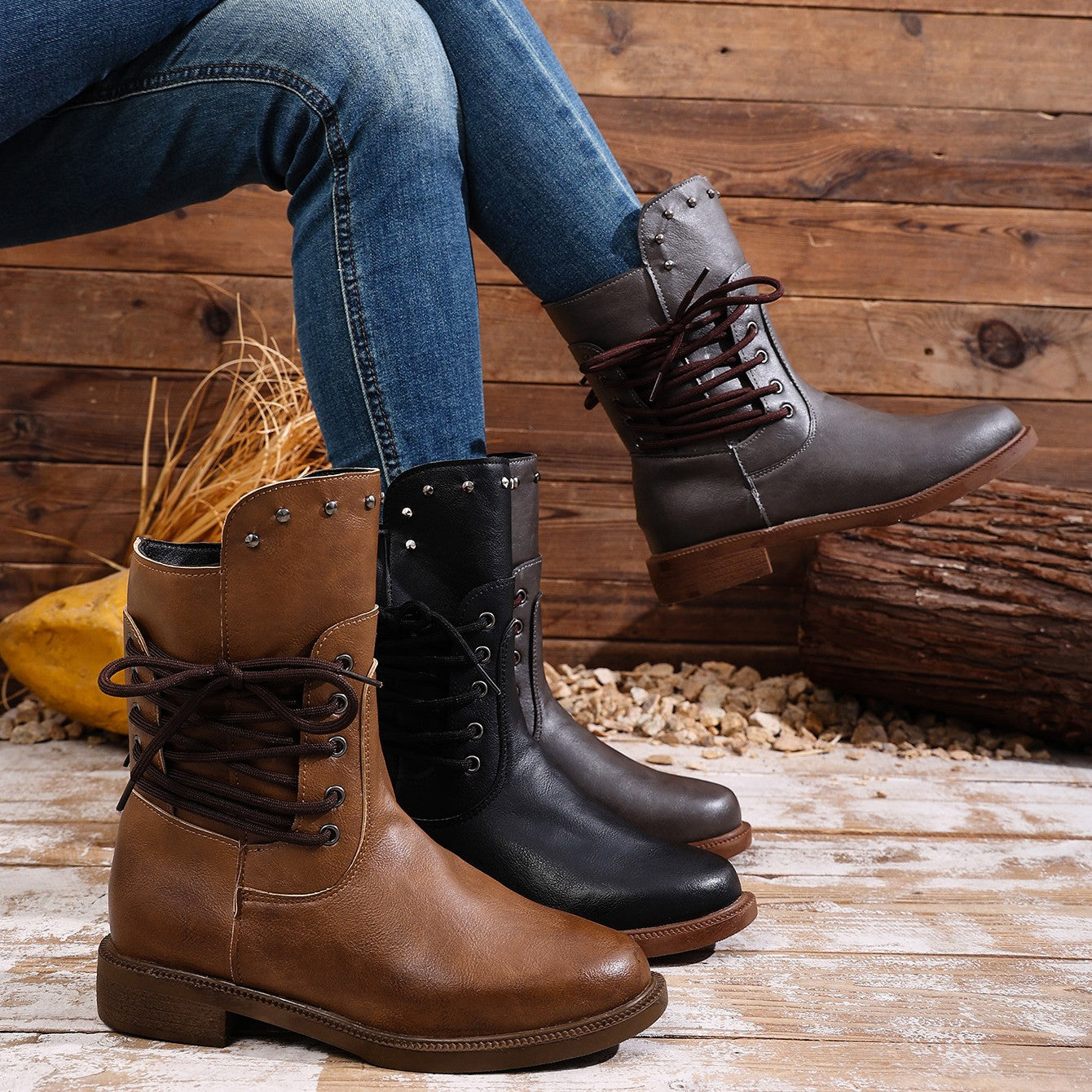 Women's Rivet Roma Boots - Side Lace Chunky Heel Mid Calf Boots (US 4-10.5)