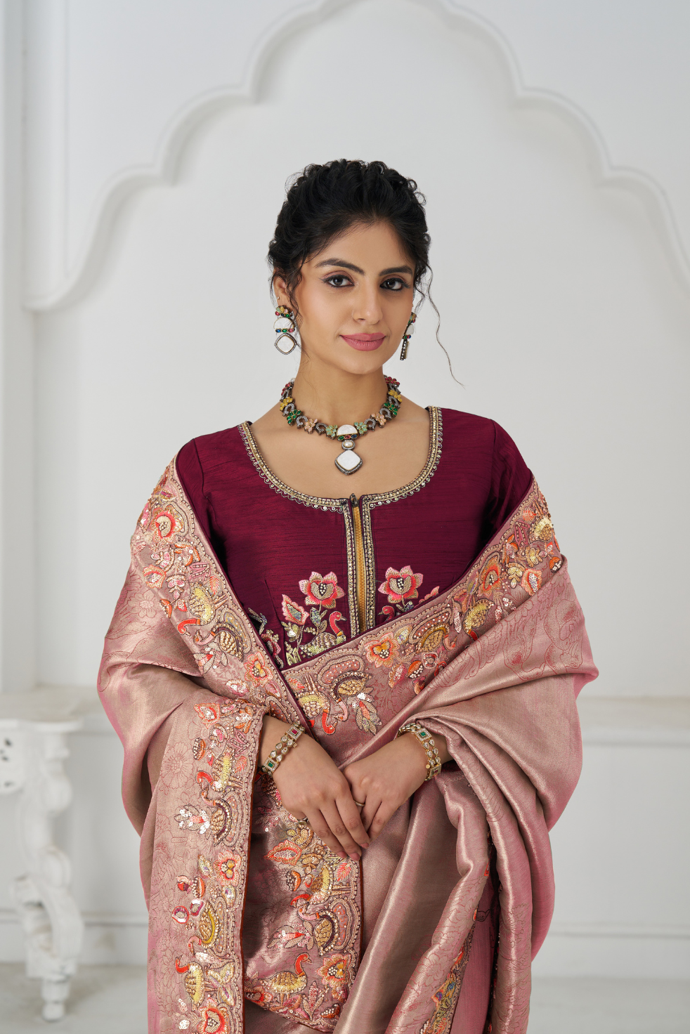 Pretty Pink Color Saree With Multi-thread And Sequins Embroidery For Wedding - qivii