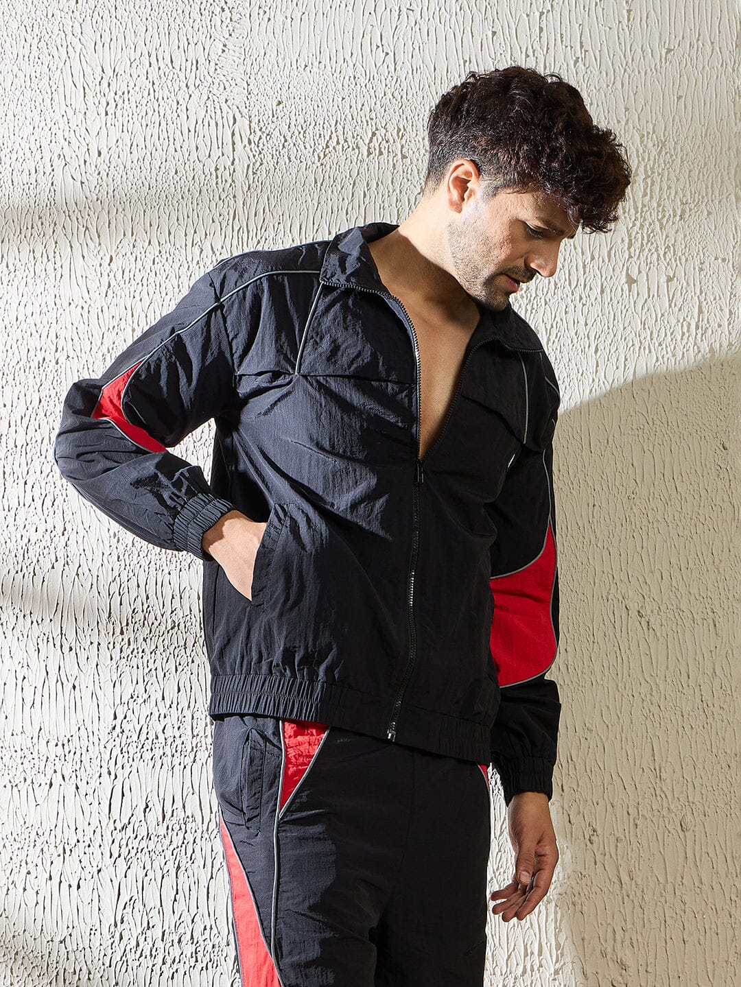 Black and Red Crinkle Windbreaker Jacket