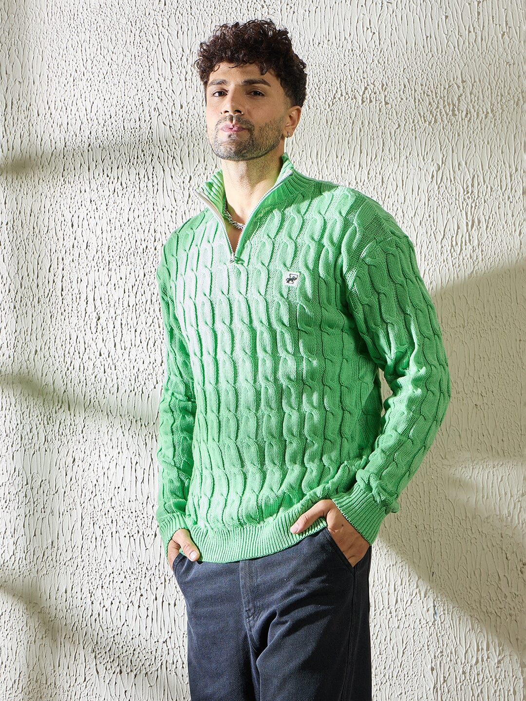 Mint Cable Knit Quarter Zip Turtleneck Sweater