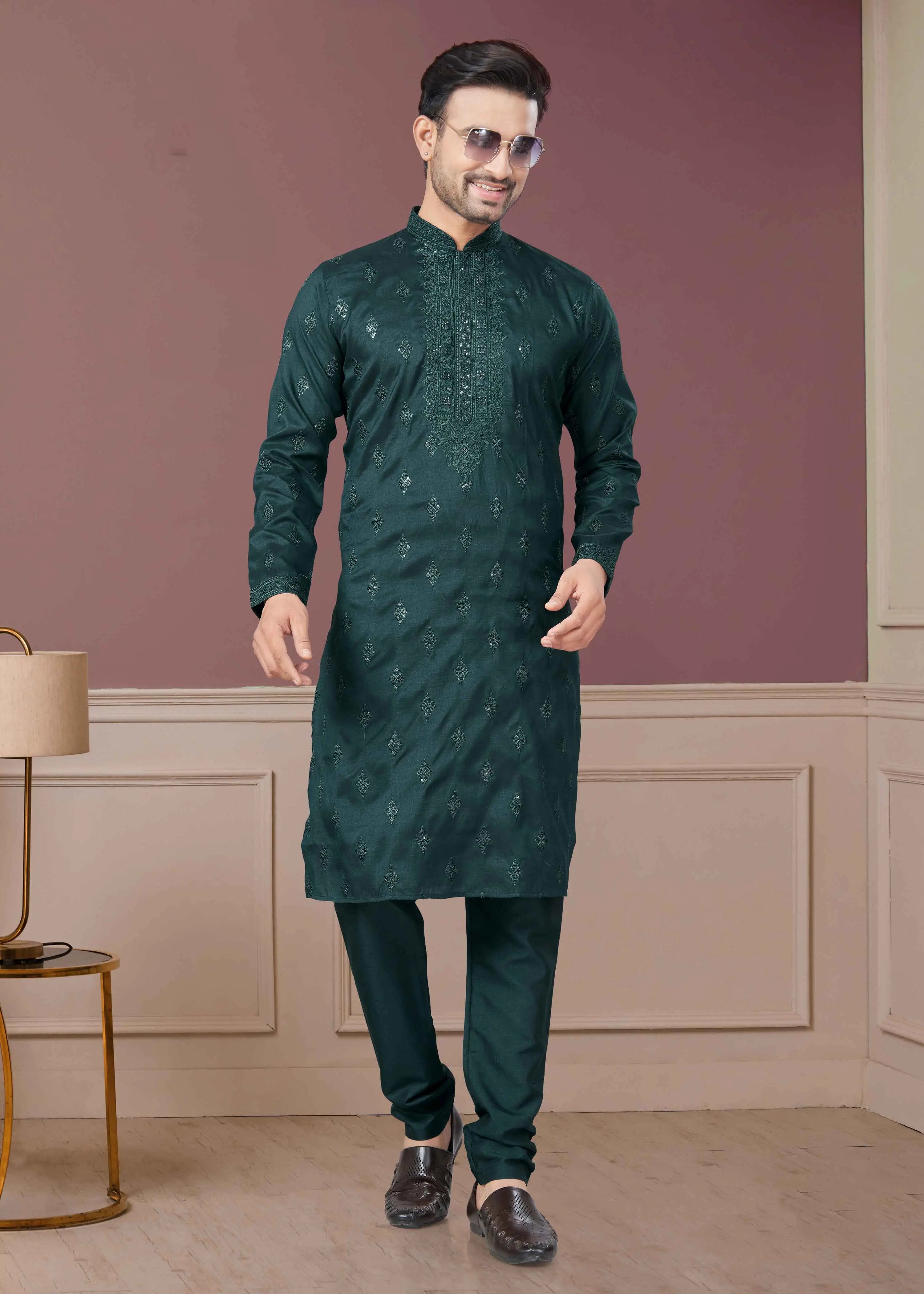 Dark Green Embroidery Kurta Pajama Set