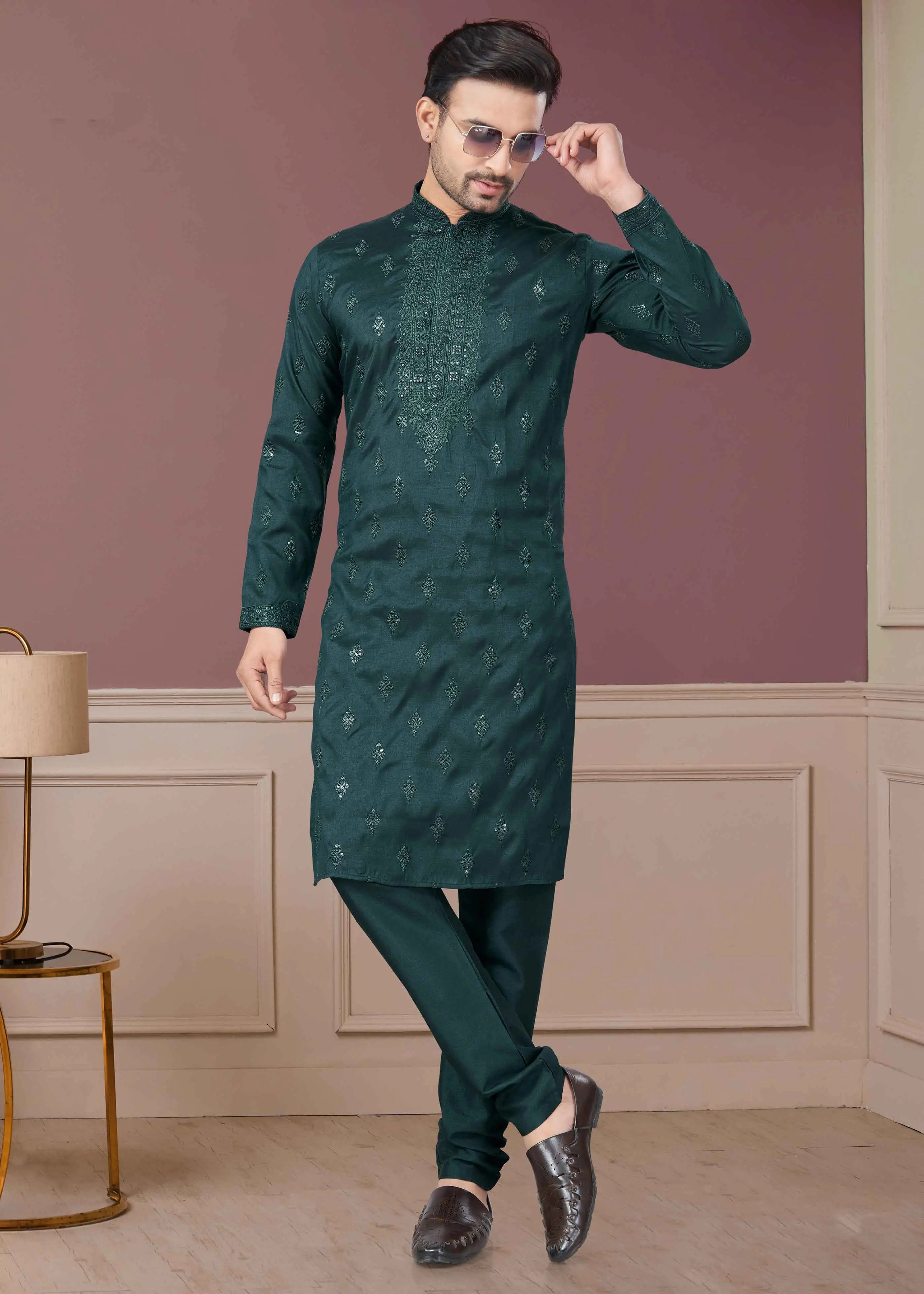 Dark Green Embroidery Kurta Pajama Set