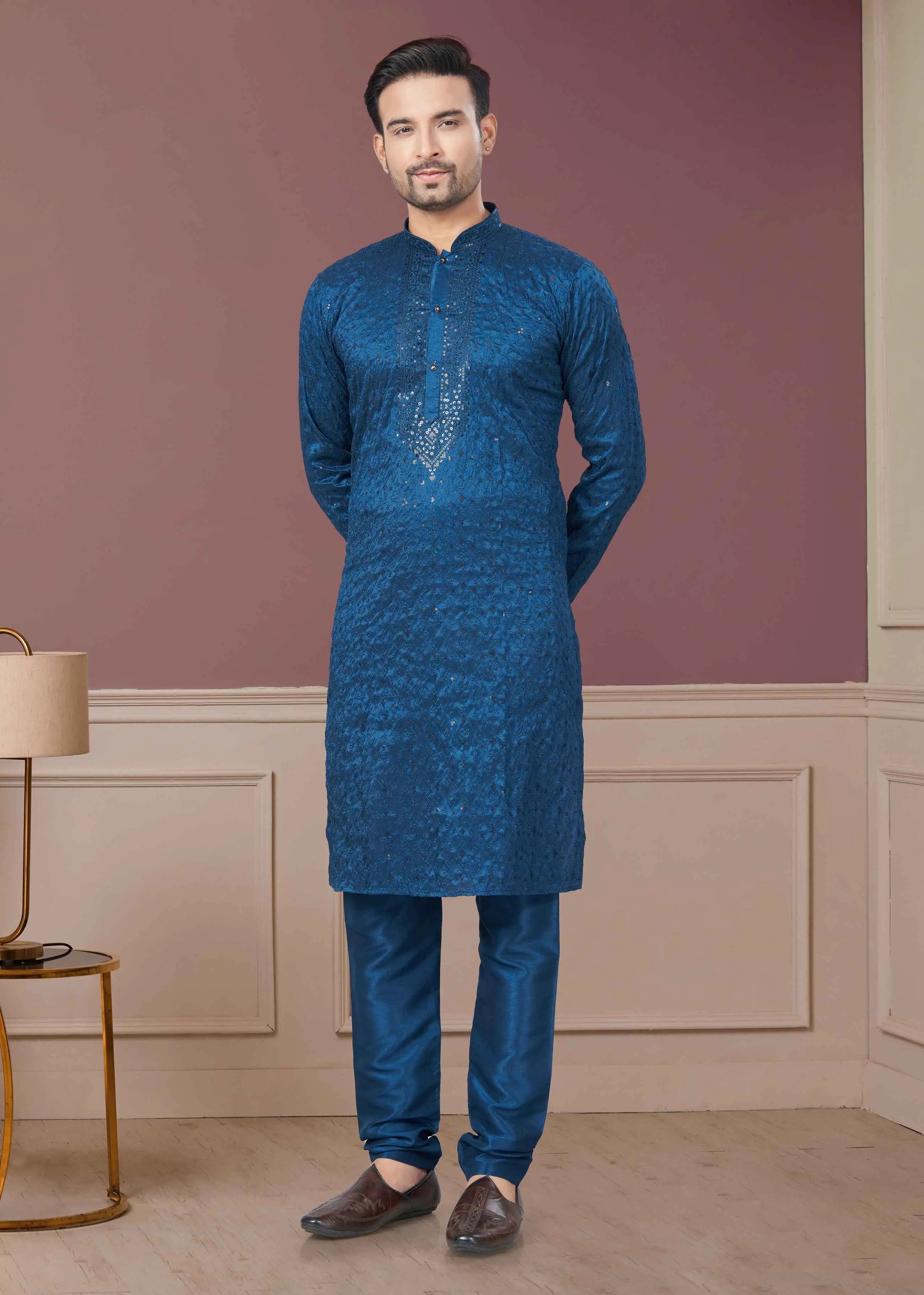Blue Sequins Embroidery Kurta Pajama Set