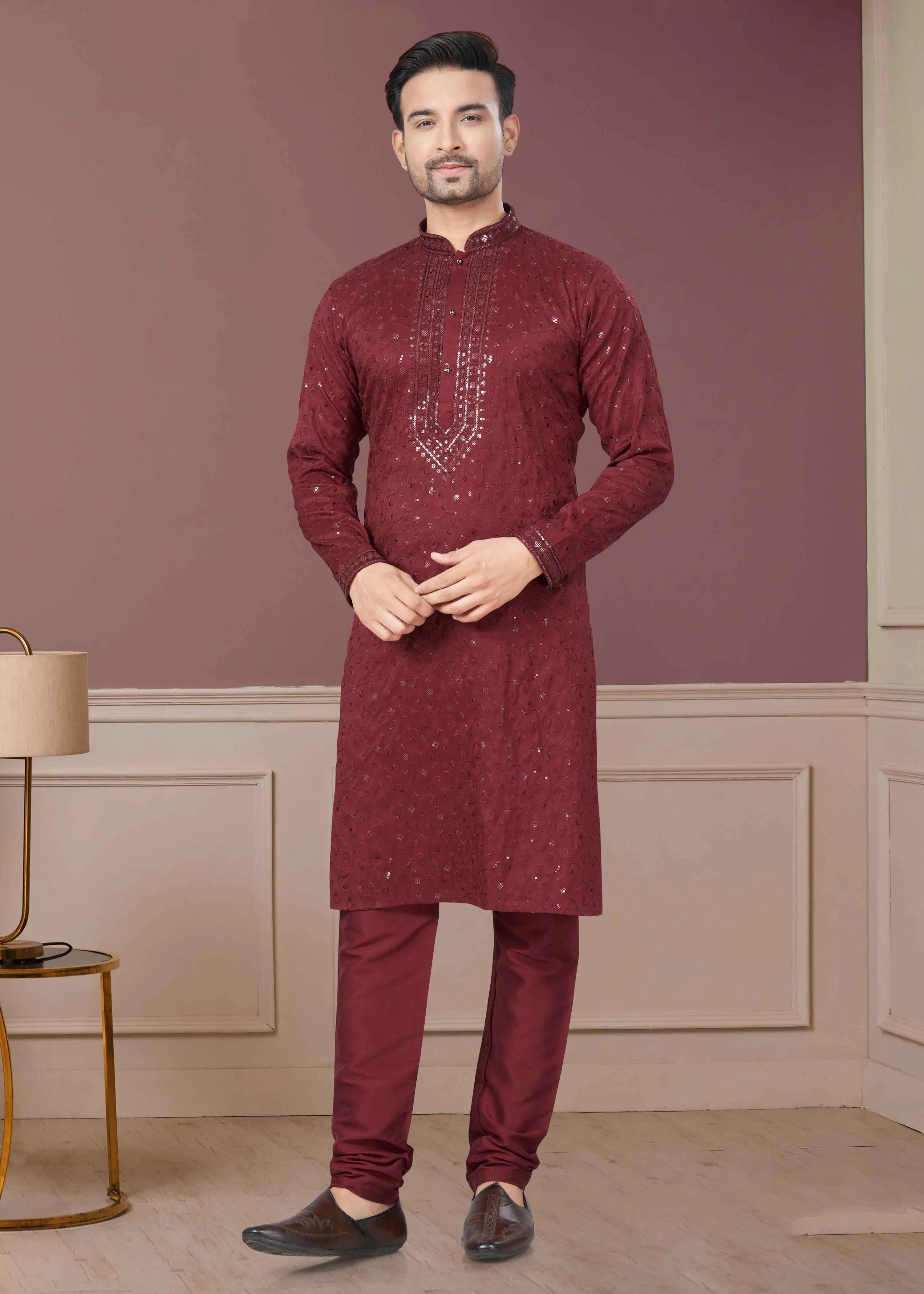 Maroon Sequins Embroidery Kurta Pajama Set