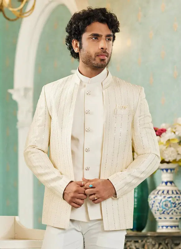Men's Cream Art Silk Thread Work Jodhpuri Jacket