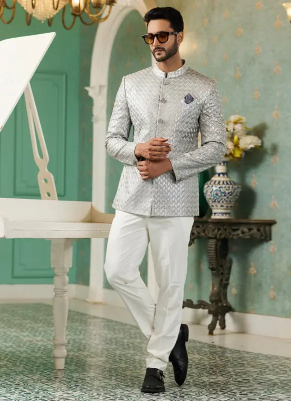 Men's Light Grey Art Silk Thread Work Jodhpuri Jacket