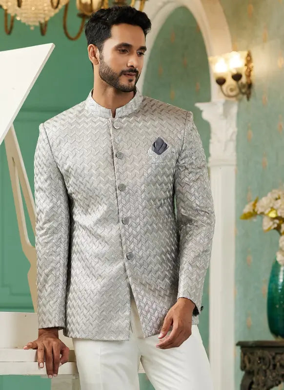Men's Light Grey Art Silk Thread Work Jodhpuri Jacket