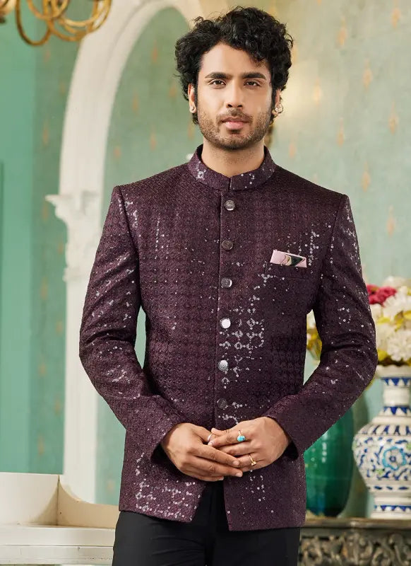 Men's Wine Art Silk Thread Work Jodhpuri Jacket