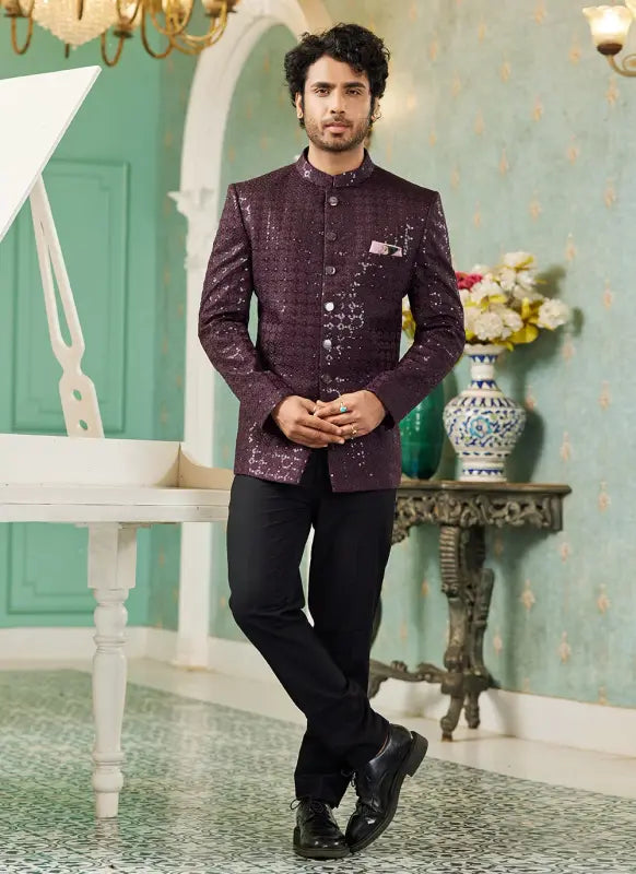 Men's Wine Art Silk Thread Work Jodhpuri Jacket