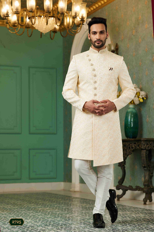 Men's Light Gold Jacquard Silk Embroidery Sherwani Set