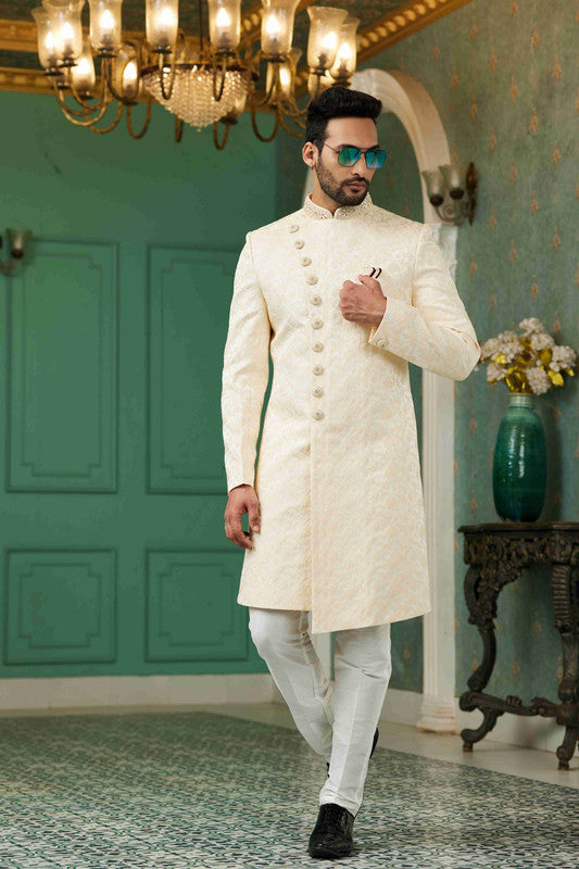 Men's Light Gold Jacquard Silk Embroidery Sherwani Set