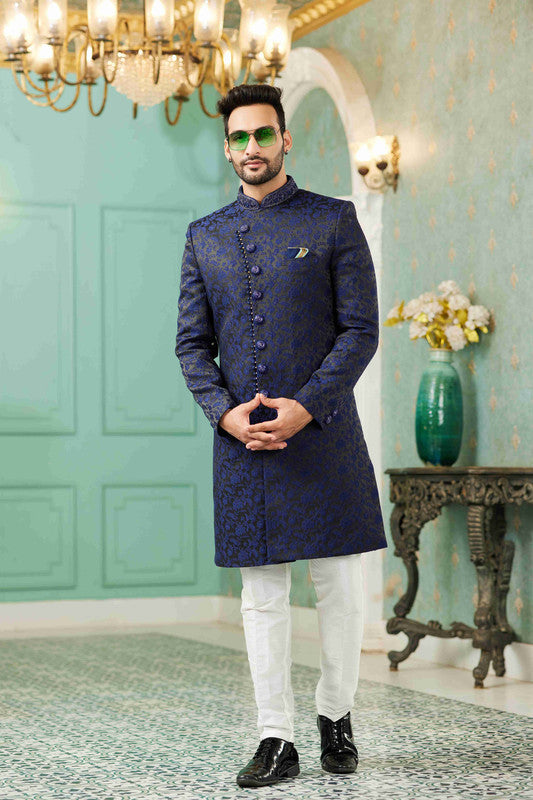 Men's Blue Jacquard Silk Embroidery Sherwani Set
