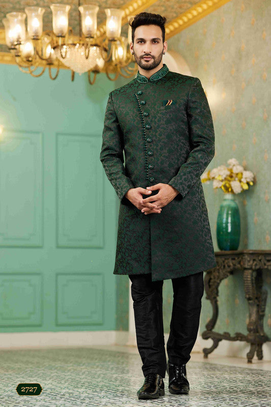 Men's Green Jacquard Silk Embroidery Sherwani Set