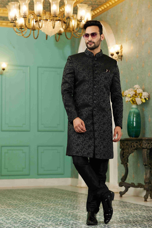 Men's Black Jacquard Silk Embroidery Sherwani Set