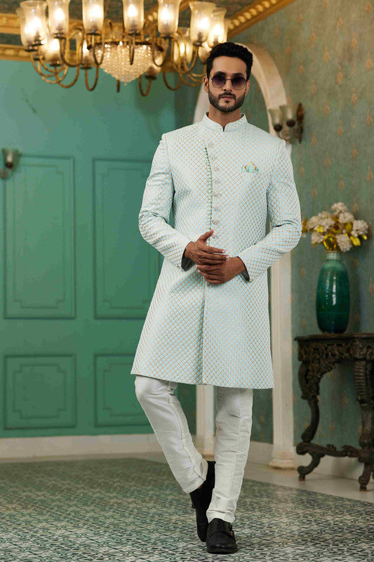 Men's Sky Blue Jacquard Silk Embroidery Sherwani Set