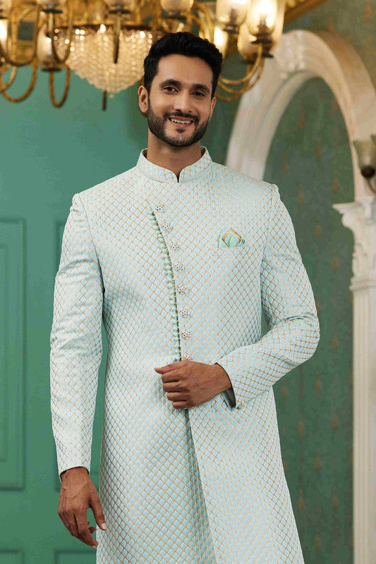 Men's Sky Blue Jacquard Silk Embroidery Sherwani Set