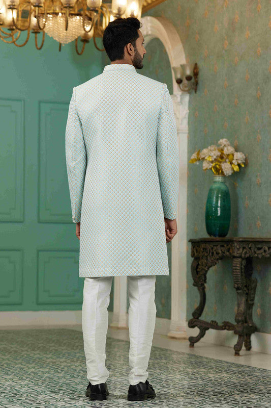 Men's Sky Blue Jacquard Silk Embroidery Sherwani Set