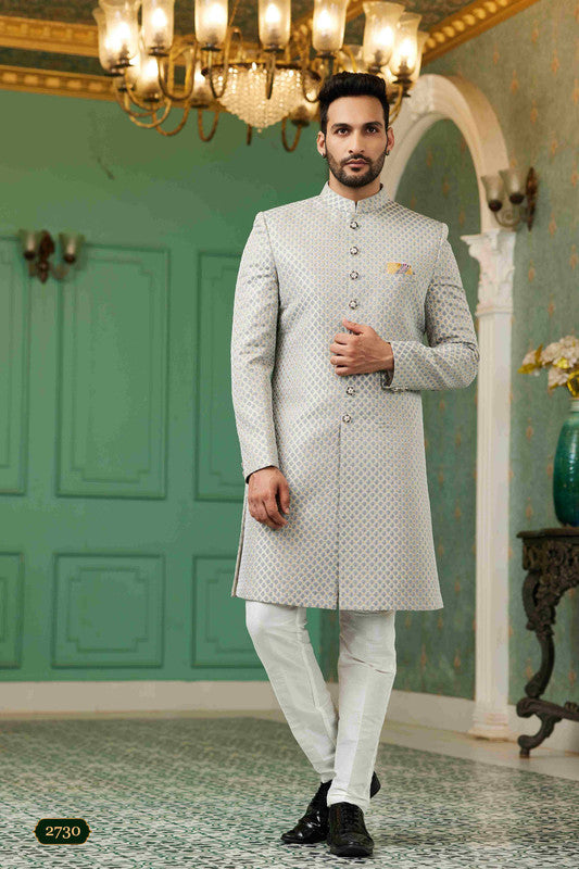 Men's Grey Jacquard Silk Embroidery Sherwani Set